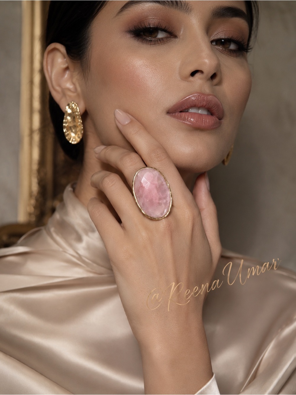 New BCBGMAXAZRIA Boho Pink Stone Ring – Gold Setting – Unique Statement Piece